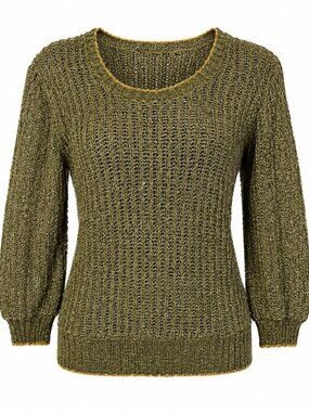 Green / Gold Stretch Sweater | Open Knit Pullover